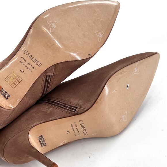 L’agence Aimee Brown Beige Suede Heeled Ankle Boots 10.5 41 Pointed Toe NWOT Tan - Picture 6 of 6